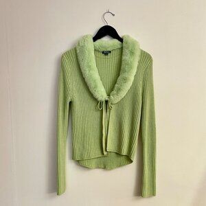 Chic Wild Fable Mint Green Faux-Fur Trim Tie-Front Cardigan (Y2K), Size L
